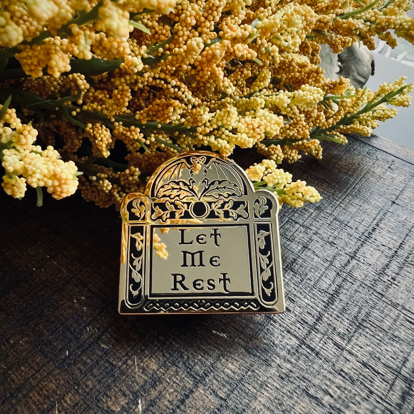 Let Me Rest gold enamel pin